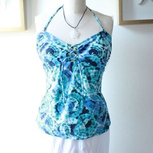 SO Blue Tie-Dye Halter Tankini Top, Lace-Up Front Womens Sz XL - Y2K, Boho Indie